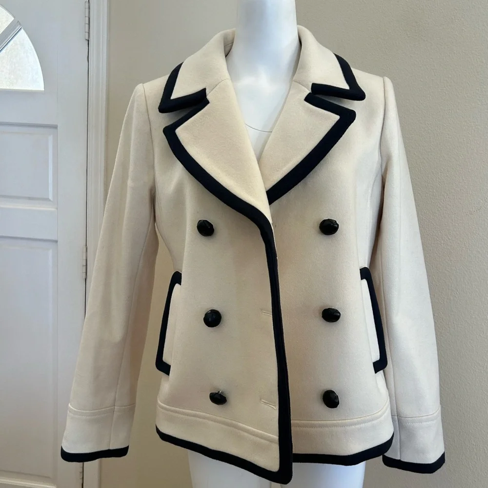 J. Crew Nello Gori Wool Peacoat 10 Double Breasted Off White Navy Blue / Black - Picture 2 of 11